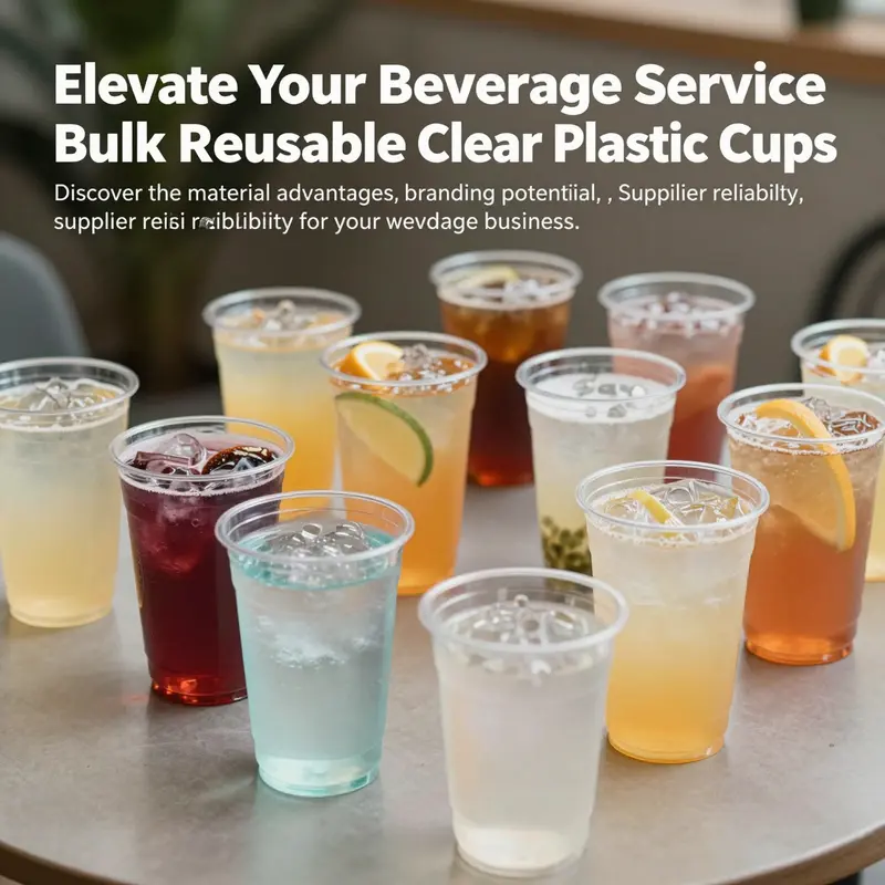 A collection of reusable clear plastic cups filled with colorful drinks, representing sustainability and quality.