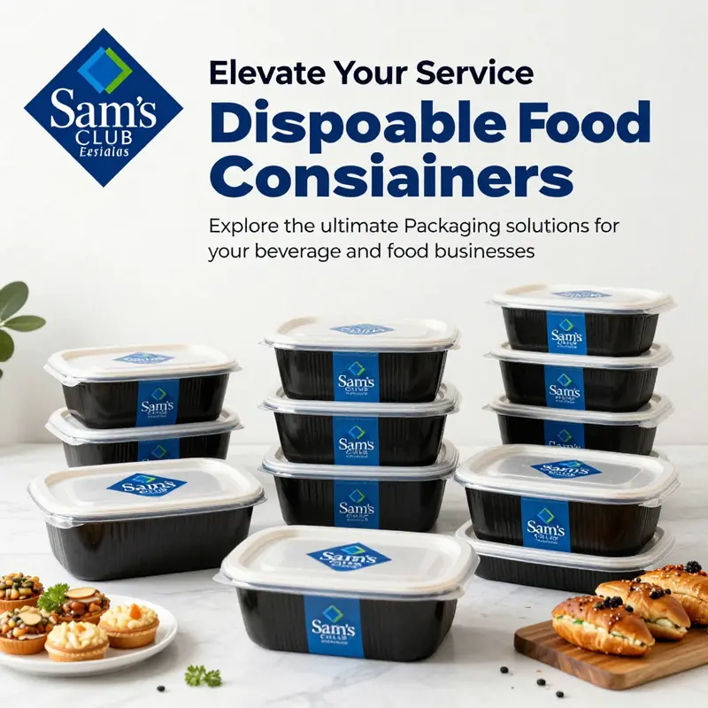 A colorful display of different types of Sam's Club disposable food containers in a food service setting.