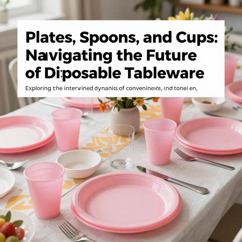 A festive table adorned with plastic plates, pink cups, and disposable silverware, creating a cheerful dining atmosphere.