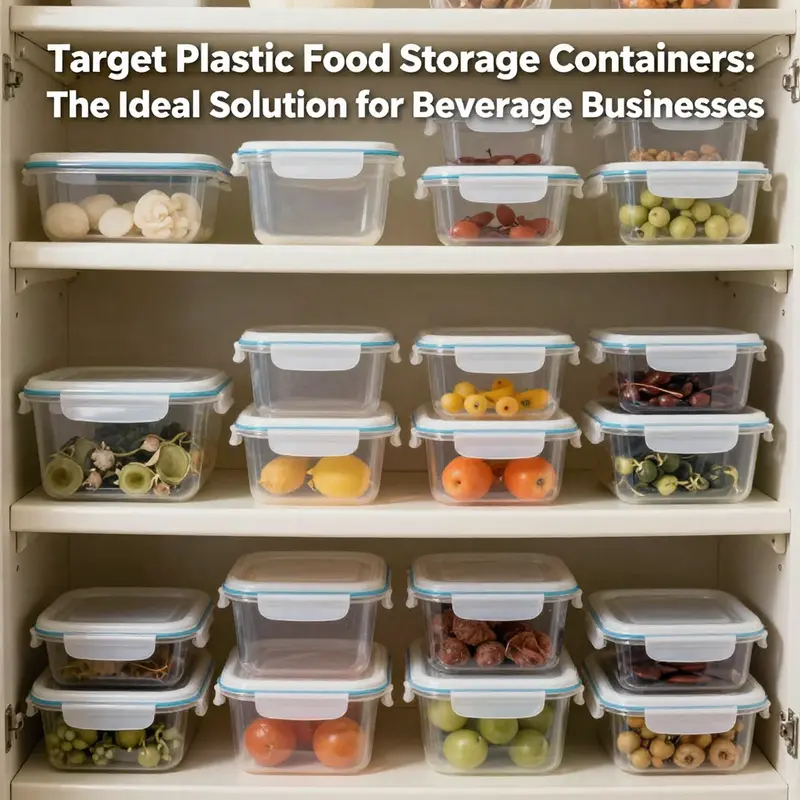 A well-organized pantry with various sizes and shapes of Target plastic food storage containers.