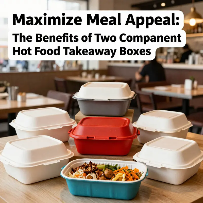 Various designs of two compartment hot food takeaway boxes displayed in a restaurant setting.