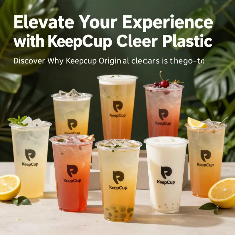 Display of various KeepCup Original Clear cups filled with drinks, illustrating their design and sustainability.