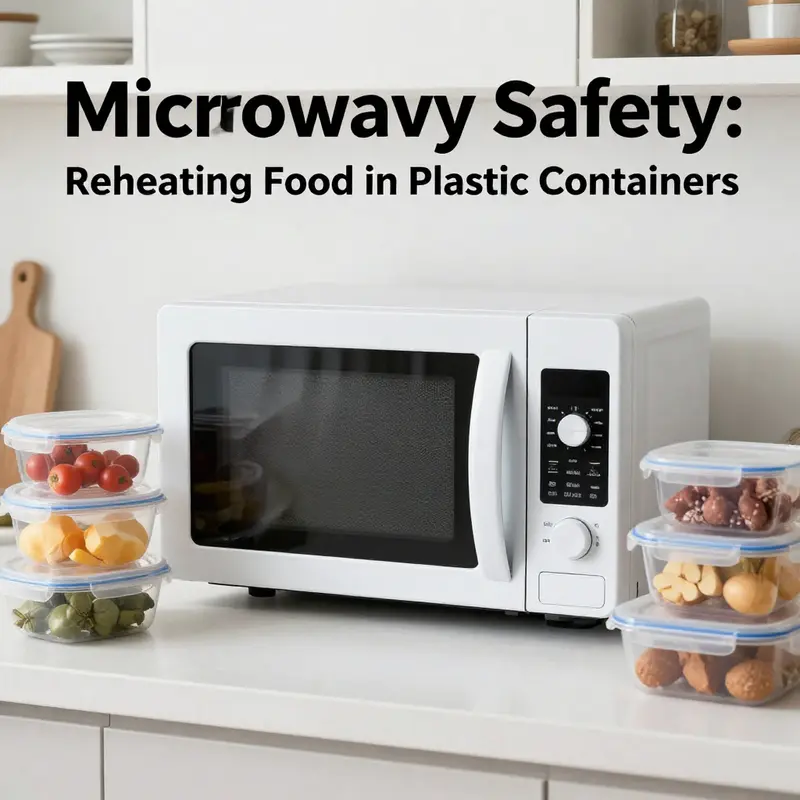 A microwave surrounded by various plastic containers indicating focus on safety standards in food reheating.