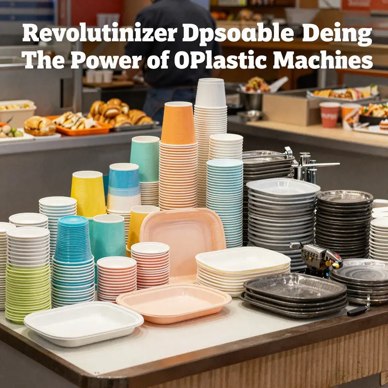 A colorful display of disposable plastic cups and trays in a dynamic setting, highlighting the significance of OEM machines in food service.