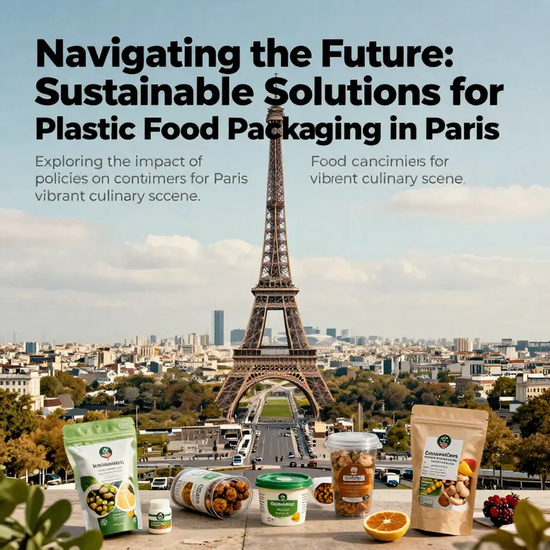 A beautiful landscape of Paris with a focus on sustainable packaging, reflecting the city's efforts to reduce plastic waste.