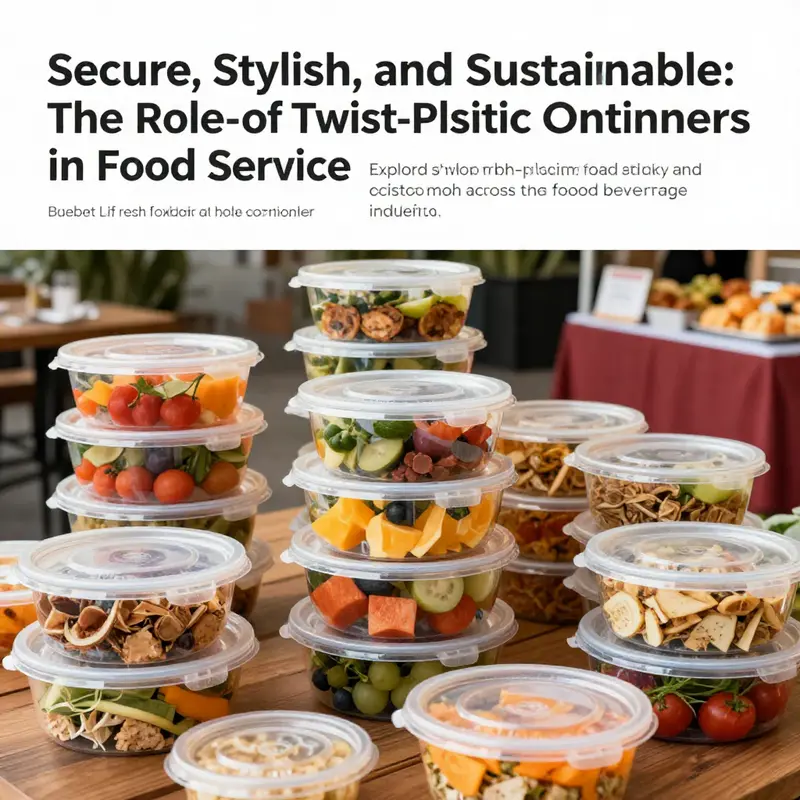 A collection of vibrant plastic food containers with twist lids filled with food items, set in multiple food service environments.