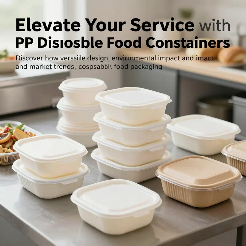 A collection of various PP disposable food containers beautifully arranged in a food service environment.
