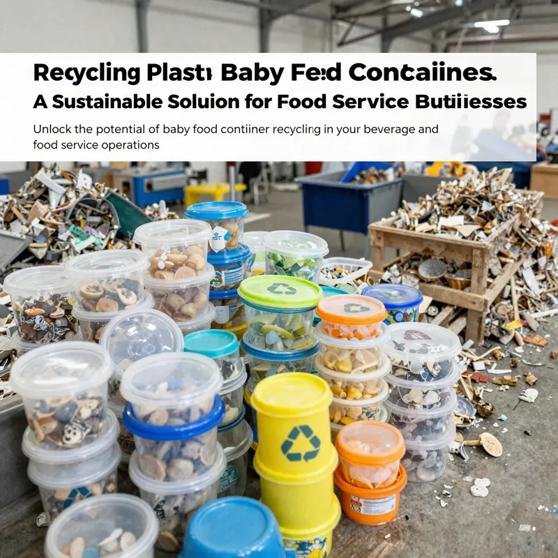 An active recycling facility scene showing workers sorting plastic baby food containers, demonstrating recycling importance.