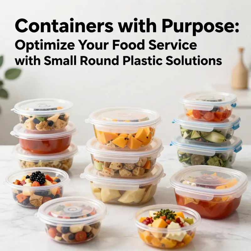 An appealing showcase of small round plastic food containers filled with colorful food arrangements, highlighting their practicality.