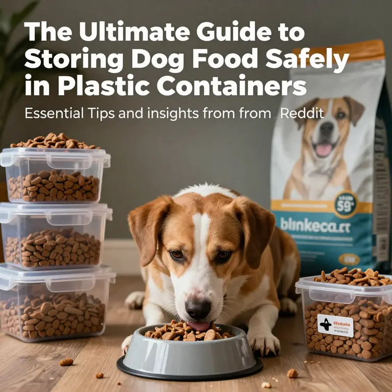 A happy dog enjoying a meal with dog food storage containers and kibble bags in the background.