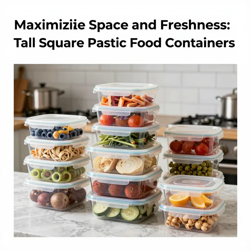 An array of tall square plastic food containers filled with meals, set against a modern kitchen background.