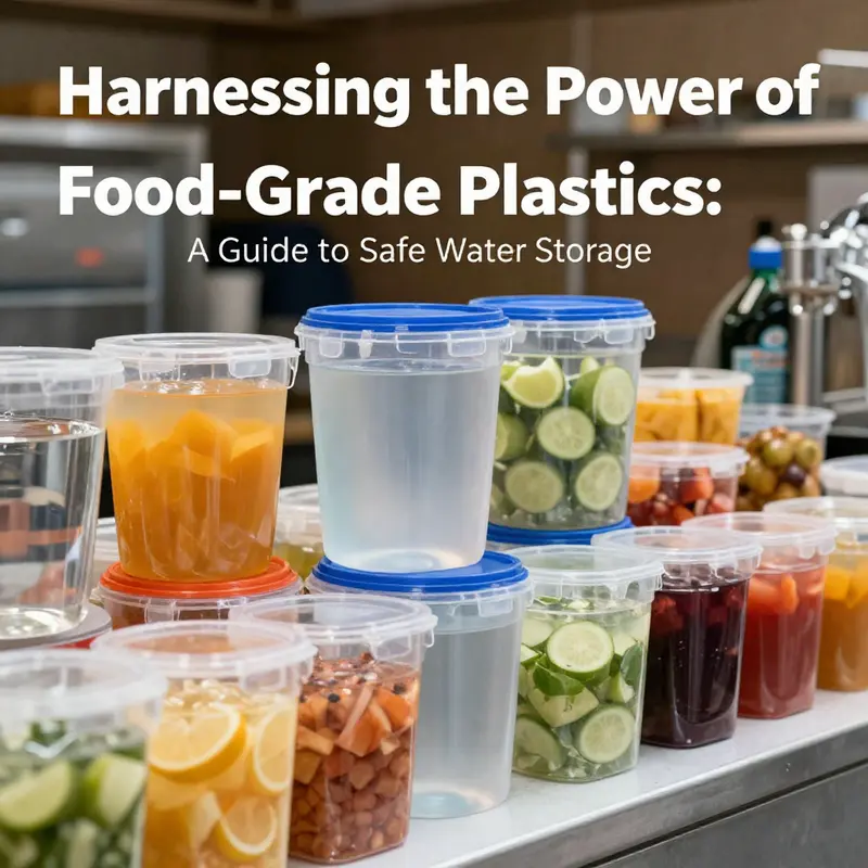 A colorful display of food-grade plastic containers used for water storage in a professional beverage service environment.