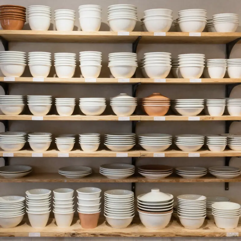Shelf filled with ceramic food storage containers in various styles in a commercial kitchen setting with bright natural lighting.