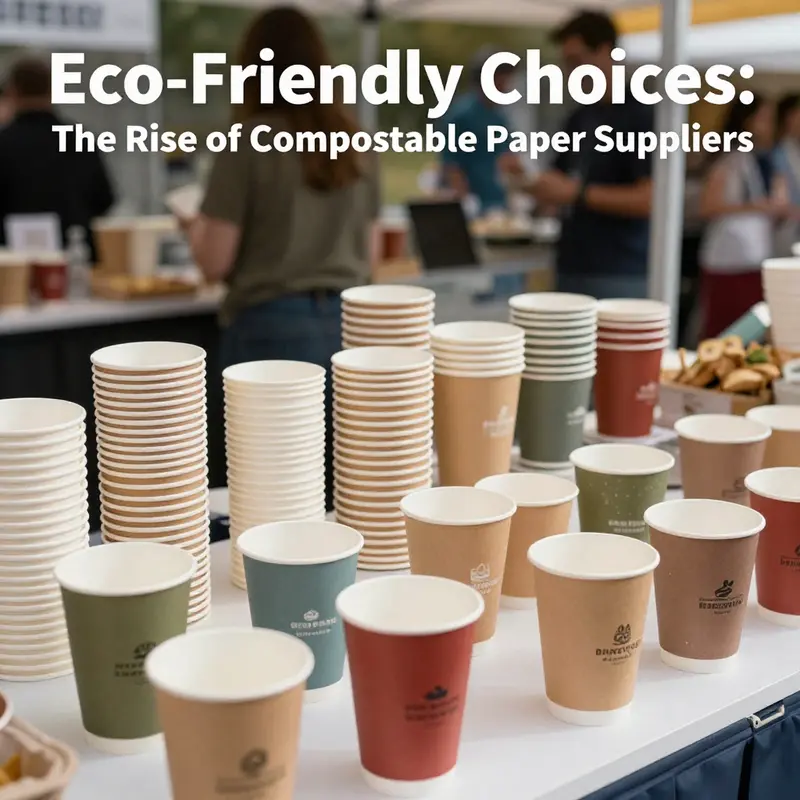 An engaging cover image showcasing various compostable paper cups at food and beverage events, emphasizing sustainability in the industry.