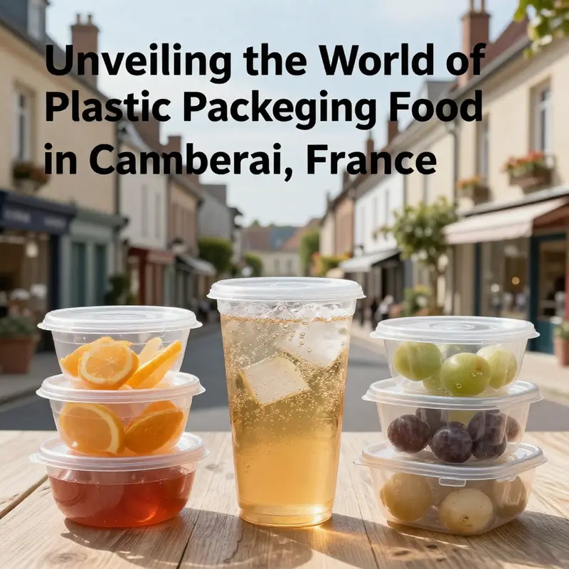 An artistic arrangement of plastic food packaging items in front of a picturesque Cambrai street.