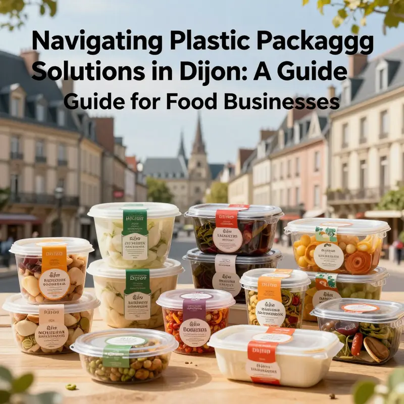 A lively image showcasing various food containers amidst the charming architecture of Dijon.