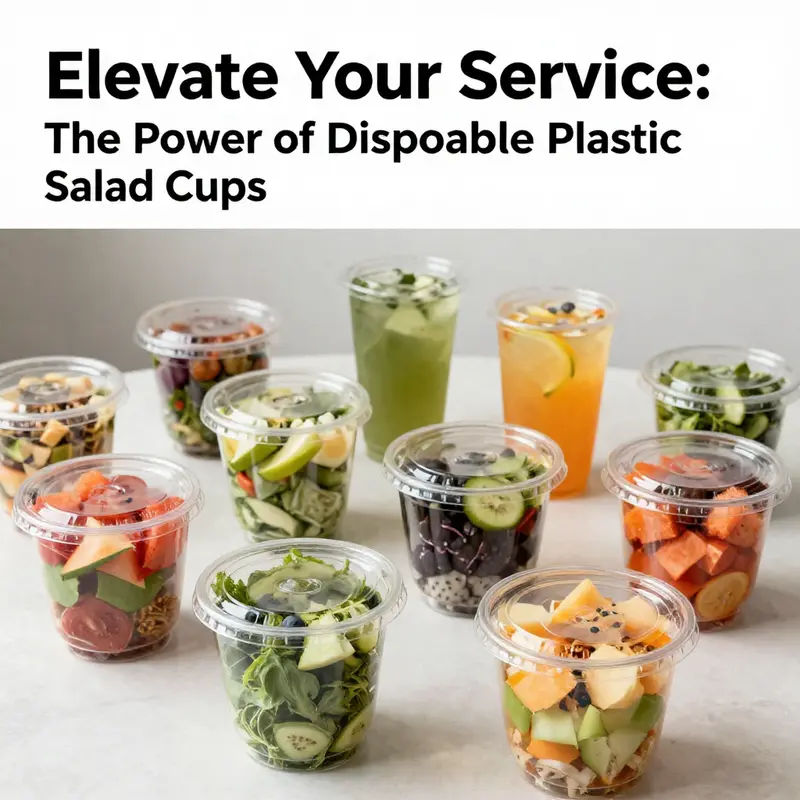 A visually appealing arrangement of various disposable plastic salad cups filled with salads and beverages.