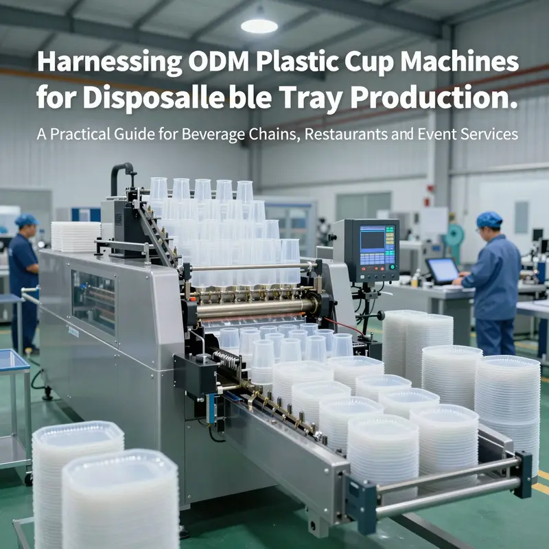 Plastic cup and tray thermoforming machine producing disposable trays in a factory with stacks of finished products and operators overseeing.