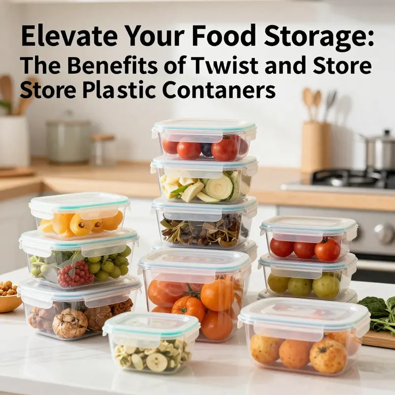 A collection of twist and store plastic food containers filled with various ingredients, displayed in a stylish kitchen setting, representing practical storage solutions.