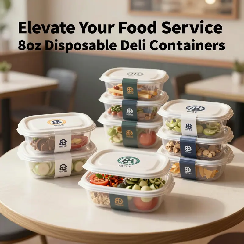Assorted 8oz disposable deli containers filled with various food items, highlighting their key features and benefits.