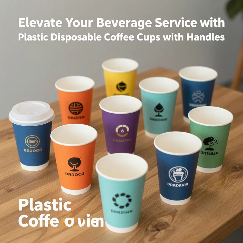 Diverse range of plastic disposable coffee cups with handles catering to modern beverage trends.