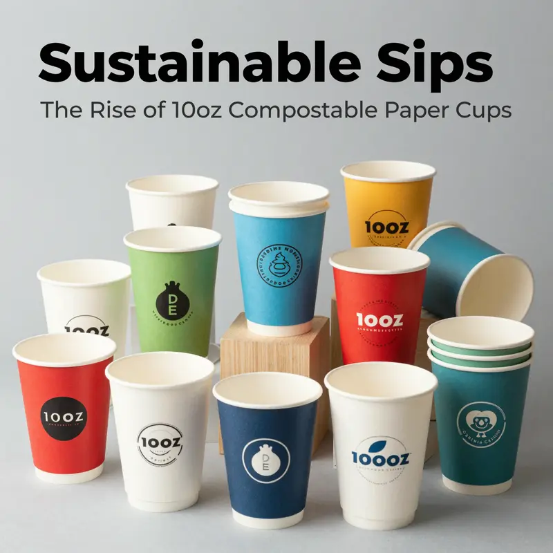 10oz compostable paper cups made from eco-friendly materials, demonstrating their sustainable composition.