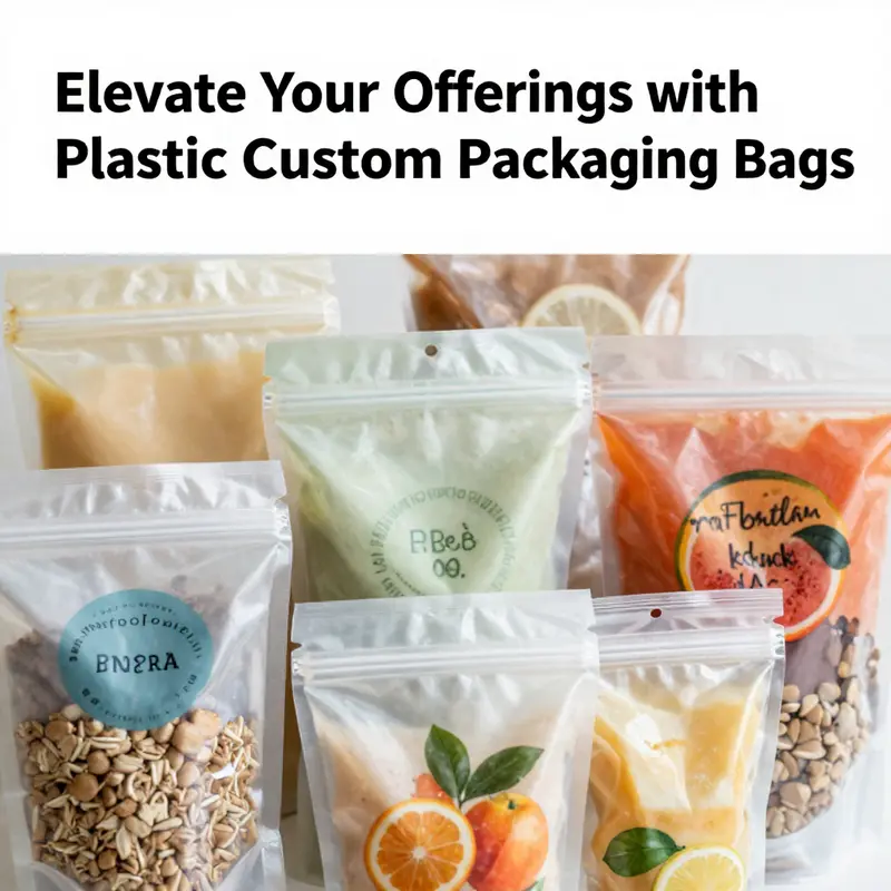 An assortment of customized plastic food packaging bags reflecting diverse design options.