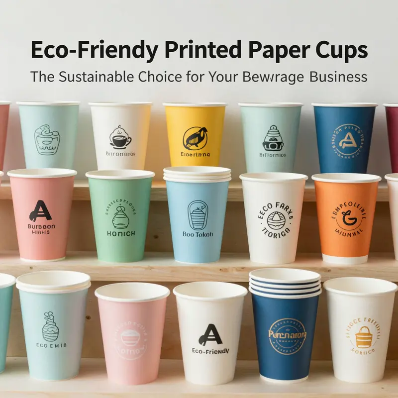 Eco-friendly printed paper cups surrounded by greenery, illustrating their role in sustainability.