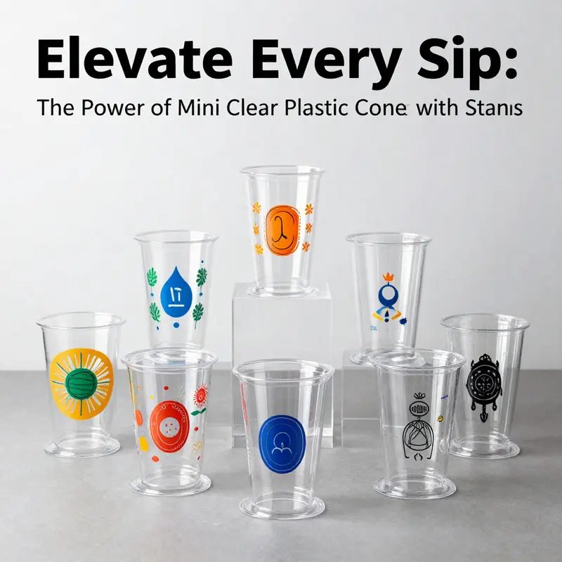 Mini clear plastic cone cups on display, ideal for serving colorful frozen treats at various events.