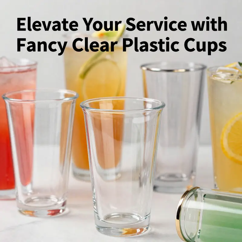 Elegant design elements of fancy clear plastic cups enhance beverage presentation.
