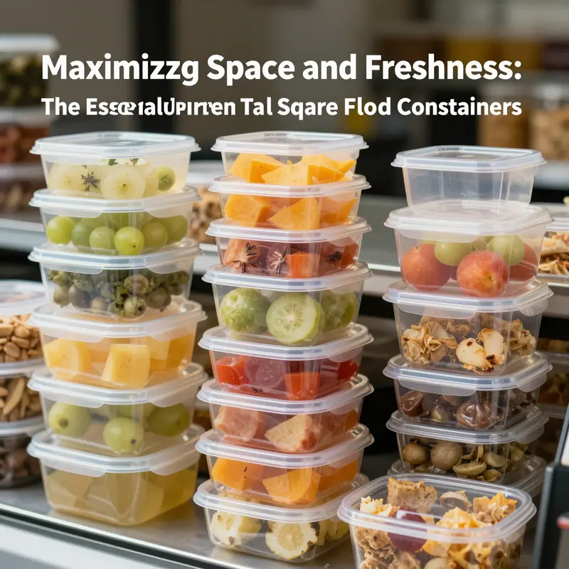 Illustration of the stackable design and clarity of tall square plastic food containers.