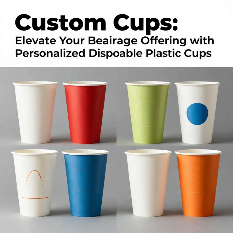 Different types of personalized disposable plastic cups highlighting safety features and material standards.