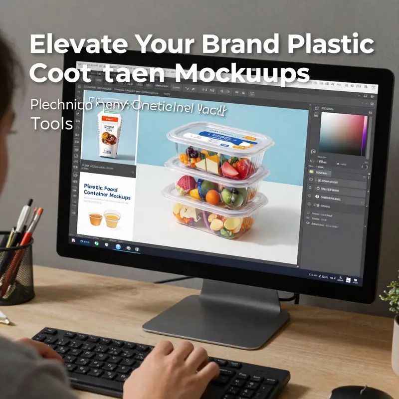 An illustration depicting a designer working on innovative plastic food container mockups, showcasing creativity in packaging design.