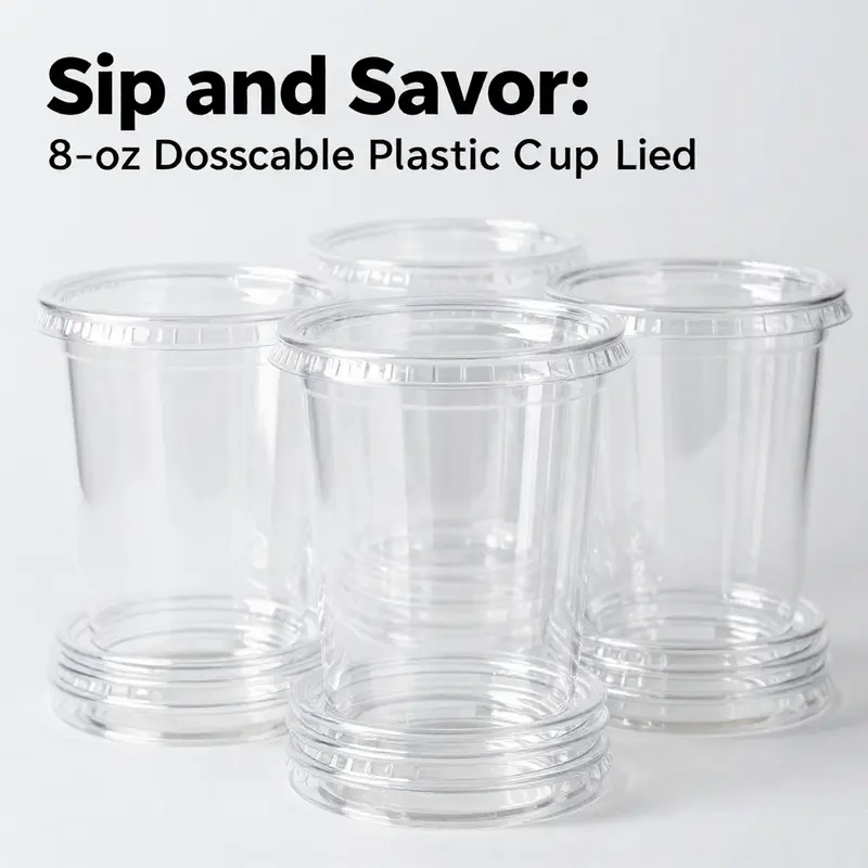 A detailed view of the disposable 8 oz straight plastic cups, illustrating their quality and features.