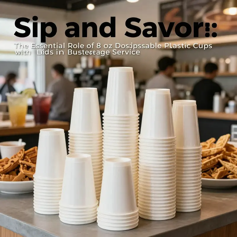 A stack of disposable 8 oz straight plastic cups with lids in a café, surrounded by various beverages and snacks.