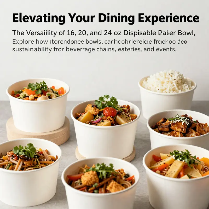 Several disposable paper bowls in different sizes filled with various colorful foods, representing their versatility in food service.