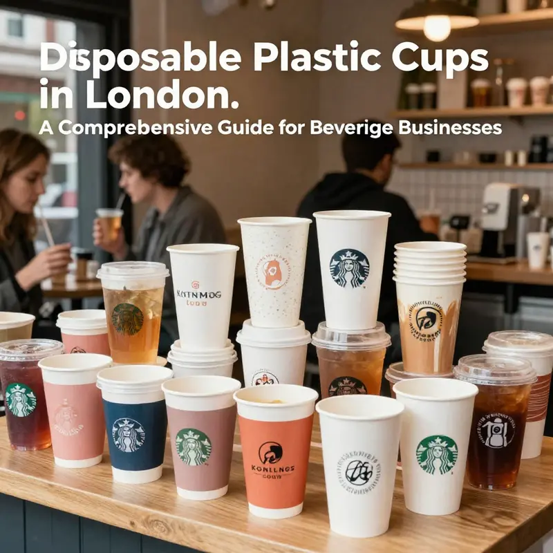 A colorful array of disposable plastic cups in a London café, highlighting their market presence.