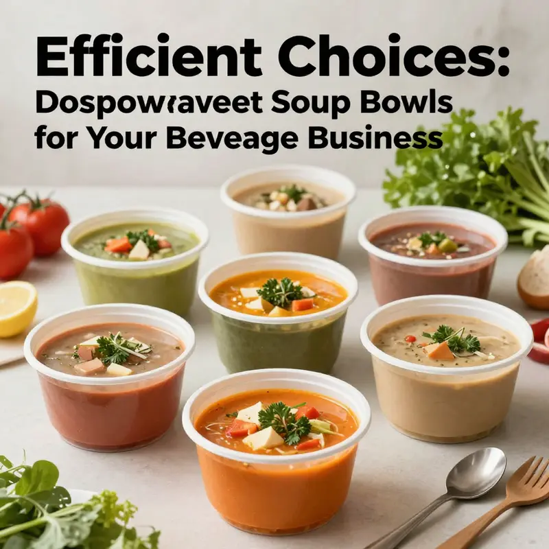 A collection of disposable microwave soup bowls filled with colorful soups, set on a dining table.