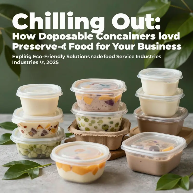 Disposables designed for cold food presented in an artistic collage, emphasizing eco-friendliness.