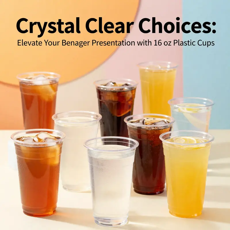 Clear 16 oz plastic cups showcasing various beverages, emphasizing their durability and clarity.