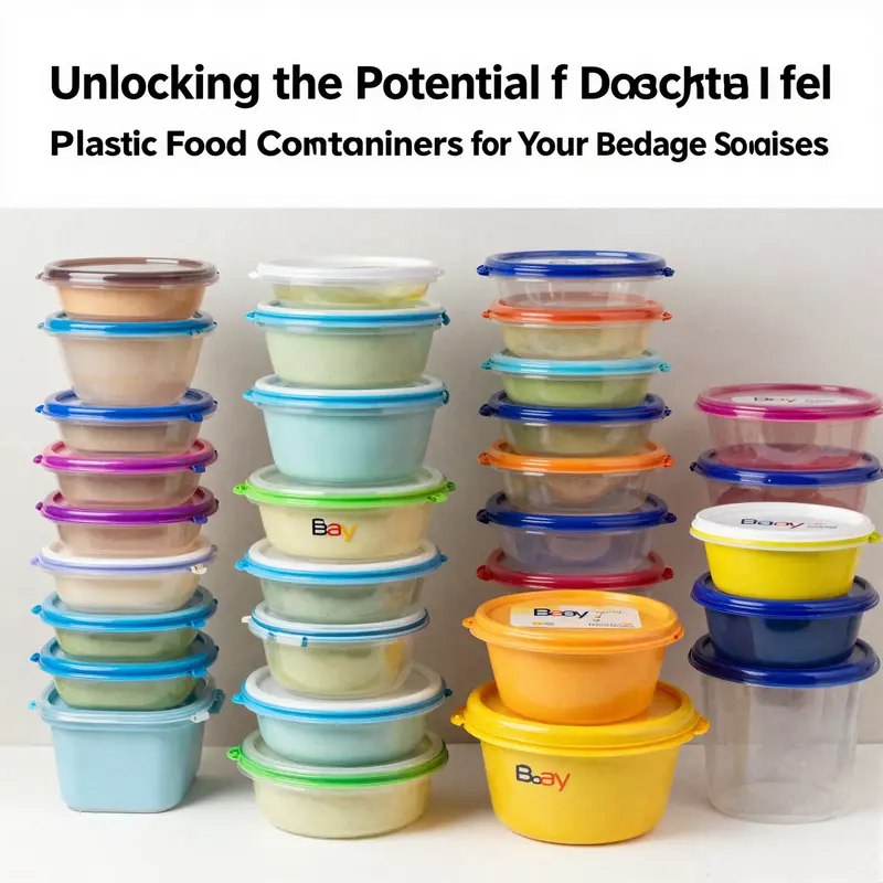 A selection of plastic food containers available on eBay, highlighting various styles and brands.