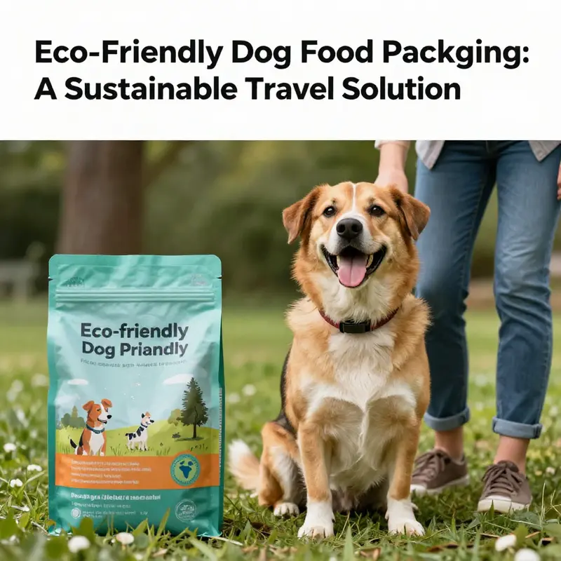 A happy dog and owner enjoying time outdoors with eco-friendly dog food packaging, set in a lush natural environment.