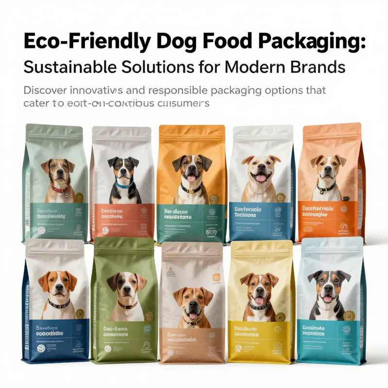 A colorful compilation of diverse eco-friendly dog food packaging options showcasing different designs and materials.