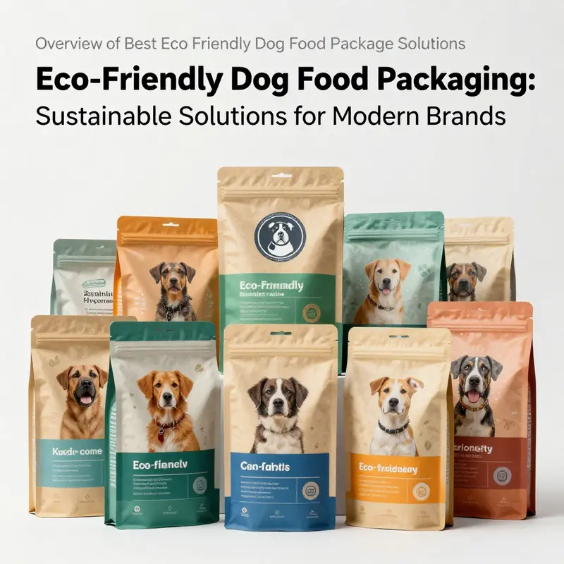 Diverse eco-friendly dog food packaging solutions that combine functionality with sustainability.