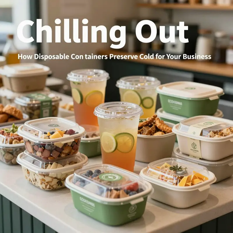 An array of eco-friendly disposable containers that showcase sustainable packaging options for cold food and beverages.
