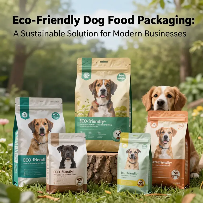 Eco-friendly dog food packaging displayed in a natural setting emphasizing sustainability.