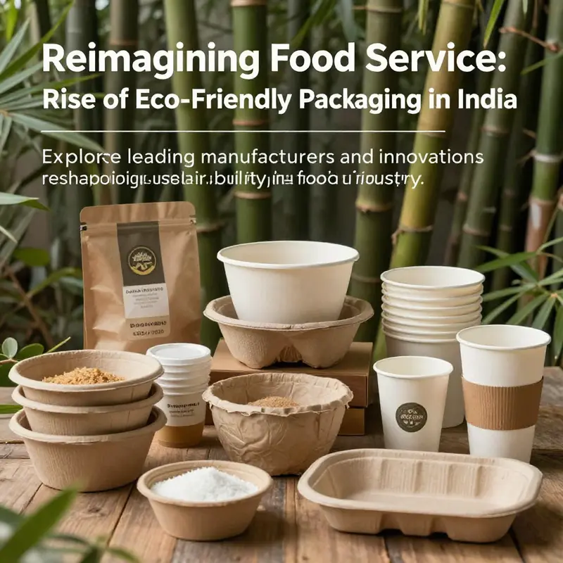 Diverse eco-friendly food packaging options displayed against a green backdrop.