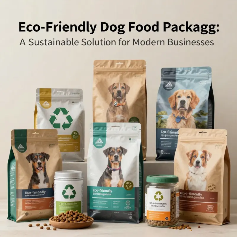 Showcasing diverse options of recyclable and biodegradable dog food packaging.