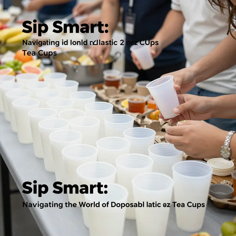 An assortment of disposable plastic 2 oz tea cups featuring diverse designs and vibrant beverages, representing their popularity and versatility.