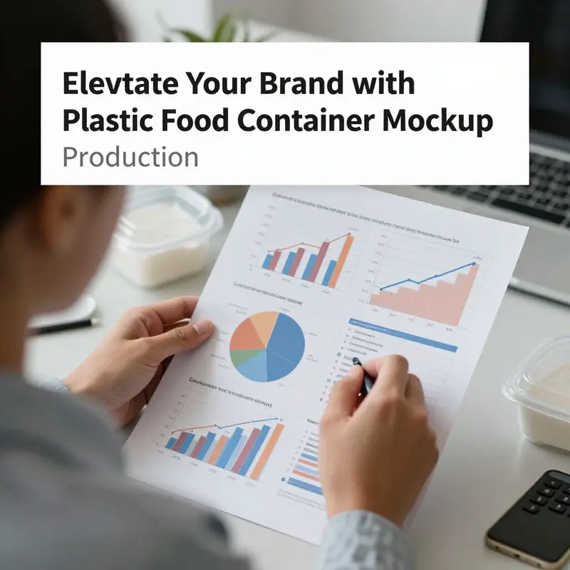 An illustration depicting a designer working on innovative plastic food container mockups, showcasing creativity in packaging design.